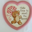 Bear flower Take Time to Smell the Roses heart completed cross stitch Spring time