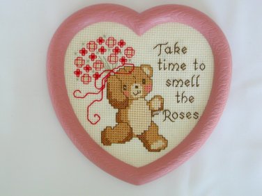 Bear flower Take Time to Smell the Roses heart completed cross stitch Spring time