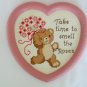 Bear flower Take Time to Smell the Roses heart completed cross stitch Spring time