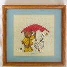 Bear yellow raincoat red umbrella & goose friend completed cross stitch Spring time