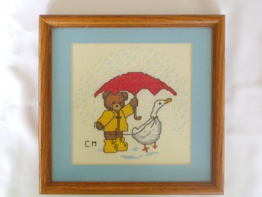 Bear yellow raincoat red umbrella & goose friend completed cross stitch Spring time