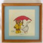 Bear yellow raincoat red umbrella & goose friend completed cross stitch Spring time