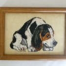 Basset hound dog black white brown finished completed cross stitch