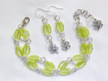 Clover charm lime green luster hex seed bead Bracelet Earrings Set