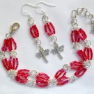 Dragonfly charm red trans luster hex glass bead Bracelet Earrings Set Dragonfly charm red trans luster hex glass bead Bracelet Earrings Set