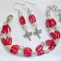 Dragonfly charm red trans luster hex glass bead Bracelet Earrings Set