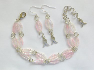 Ribbon awareness charm pink hex glass bead Bracelet Earrings Set