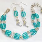 Dolphin charm aqua blue luster hex glass bead Bracelet Earrings Set