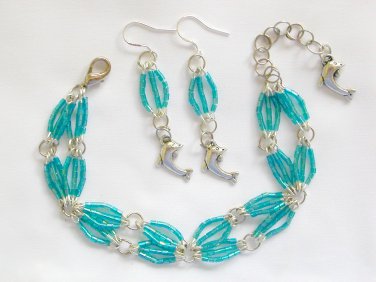 Dolphin charm aqua blue luster hex glass bead Bracelet Earrings Set