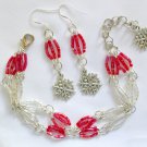 Snowflake charm red clear hex glass bead Bracelet Earrings Set Snowflake charm red clear hex glass bead Bracelet Earrings Set