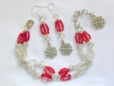 Snowflake charm red clear hex glass bead Bracelet Earrings Set