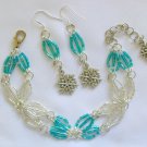 Snowflake charm aqua blue luster hex seed bead Bracelet Earrings Set Snowflake charm aqua blue luster hex seed bead Bracelet Earrings Set