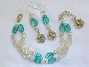 Snowflake charm aqua blue luster hex seed bead Bracelet Earrings Set