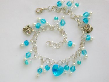 Crystal heart bead aqua blue charm anklet