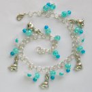 Dog charm bell flower aqua blue crackle glass bead anklet