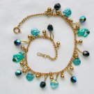 Cat charm aqua blue AB black crystal bead anklet
