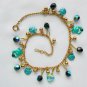 Cat charm aqua blue AB black crystal bead anklet