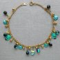 Cat charm aqua blue AB black crystal bead anklet