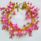 Pink fuchsia ribbon breast cancer awareness gold charm bracelet