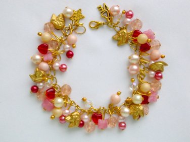 Dog pink red butterfly bead gold charm bracelet