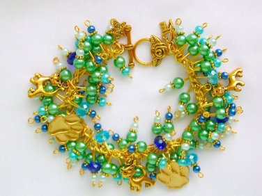 Cat paw print green blue gold cha cha charm bracelet