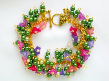 Pink purple bell flower green \pearl bead cha cha bracelet