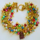 Rainbow Czech pressed glass purple cat bead heart charm bracelet Rainbow Czech pressed glass purple cat bead heart charm bracelet