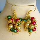 Christmas red green faux pearl bead cha cha cluster gold earrings
