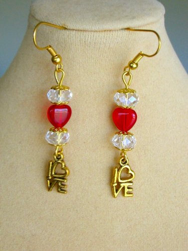 Red glass heart clear crystal bead love charm earrings