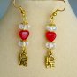 Red glass heart clear crystal bead love charm earrings