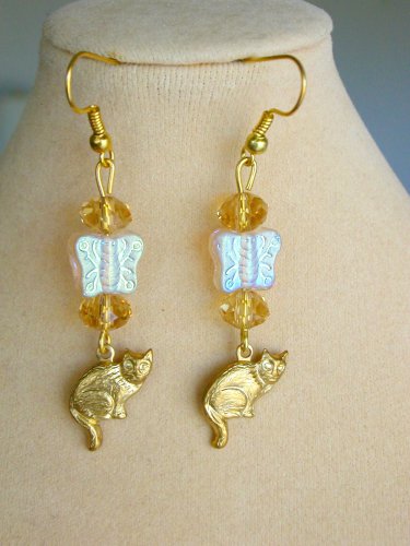 Cat Czech iridescent AB butterfly gold crystal charm earrings