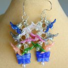 Blue Czech butterfly bead pink white flower cluster earrings