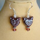 Purple kitty cat face glass bead rondelle crystal earrings