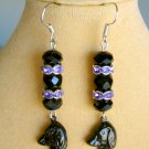 Black dog rondelle crystal bead purple charm earrings