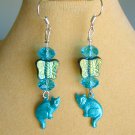 Cat and Czech butterfly bead aqua blue iridescent crystal charm earrings