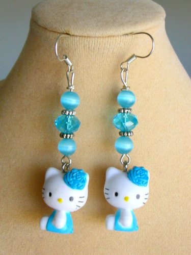 Hello Kitty cat aqua blue crystal bead charm earrings