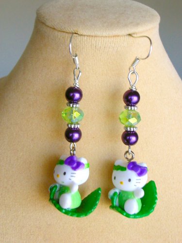 Hello Kitty cat green leaf purple lime bead earrings