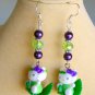 Hello Kitty cat green leaf purple lime bead earrings