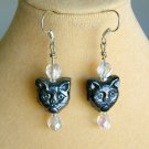 Cat face black pressed glass bead drop earrings Cat face black pressed glass bead drop earrings