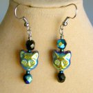 Iridescent AB green blue Czech glass cat face black bead earrings Iridescent AB green blue Czech glass cat face black bead earrings