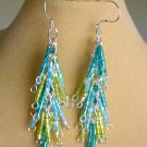 Luster glass hex bugle bead blue teal green dangle earrings