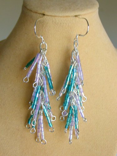 Luster Glass Hex Bugle Bead Teal Purple Dangle Earrings