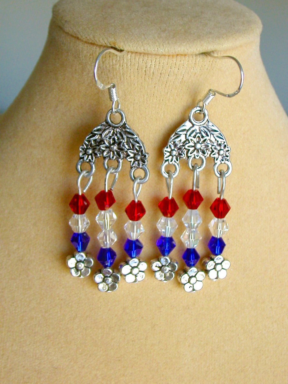 Patriotic red white blue bicone crystal bead floral chandelier earrings