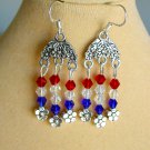 Patriotic red white blue bicone crystal bead floral chandelier earrings