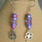 Four leaf clover purple crystal glass bead charm earrings