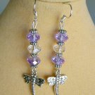 Dragonfly charm purple crystal glass rondelle bead earrings Dragonfly charm purple crystal glass rondelle bead earrings