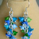 Bell flower bead cluster blue aqua green earrings
