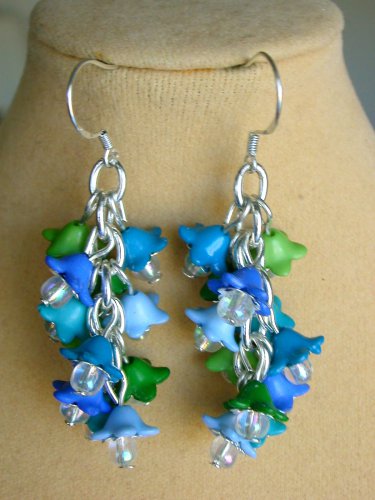 Bell flower bead cluster blue aqua green earrings