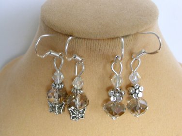 Light smoky gray crystal bead butterfly flower earrings 2 Pair