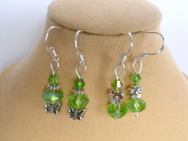 Light lime green crystal butterfly flower earrings 2 pair